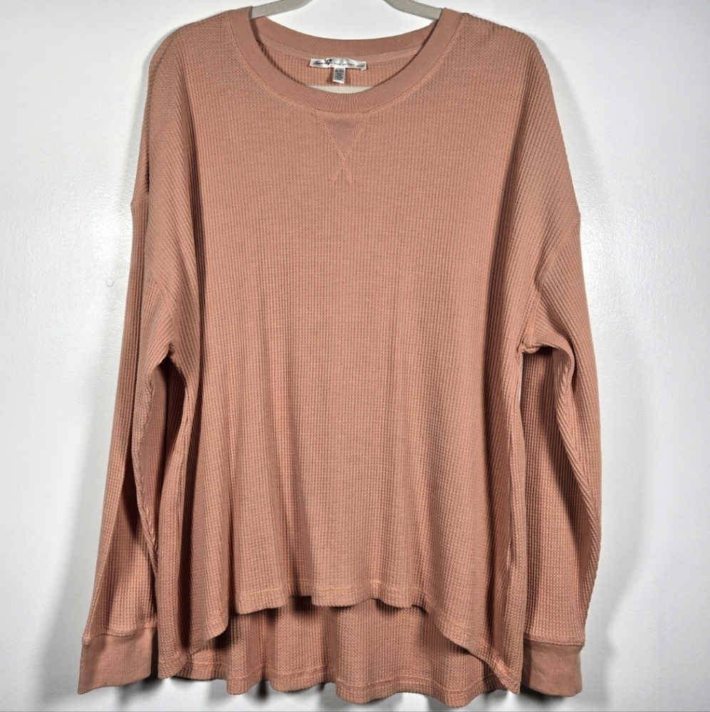 Seven7 Peach Waffle Knit Thermal Long Sleeve Crew Neck Hi-Low Hem Top Size XL